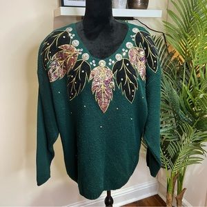 VTG Green Feather & Rhinestone Oversized Detail Sweater One Size Fits Most